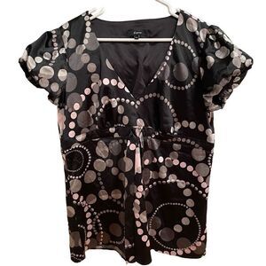 Express Top Women L Puff Sleeve Black Abstract Bubble Empire Waist Tie Workwear